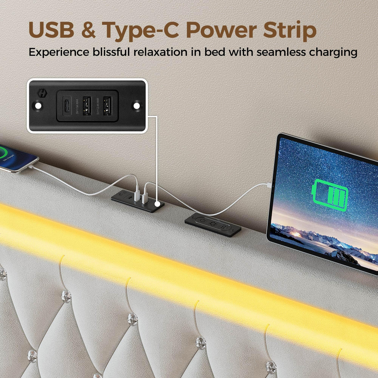 Rolanstar Full Bed Frame with LED Light and Charging Station, Upholstered High Headboard and Footboard, Wood Slats, Noise Free, Easy Assembly, Beige Rolanstar