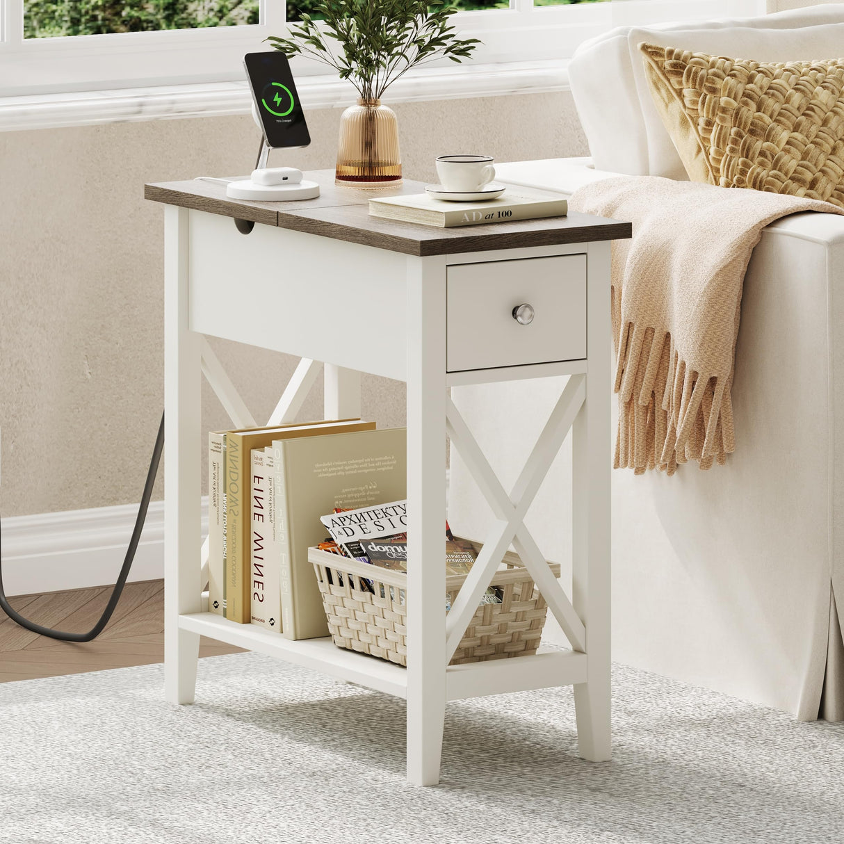 ChooChoo Farmhouse End Table with Charging Station, Accent Small Side Table Nightstand for Living Room, Bedroom, and Small Spaces - Soft White ChooChoo
