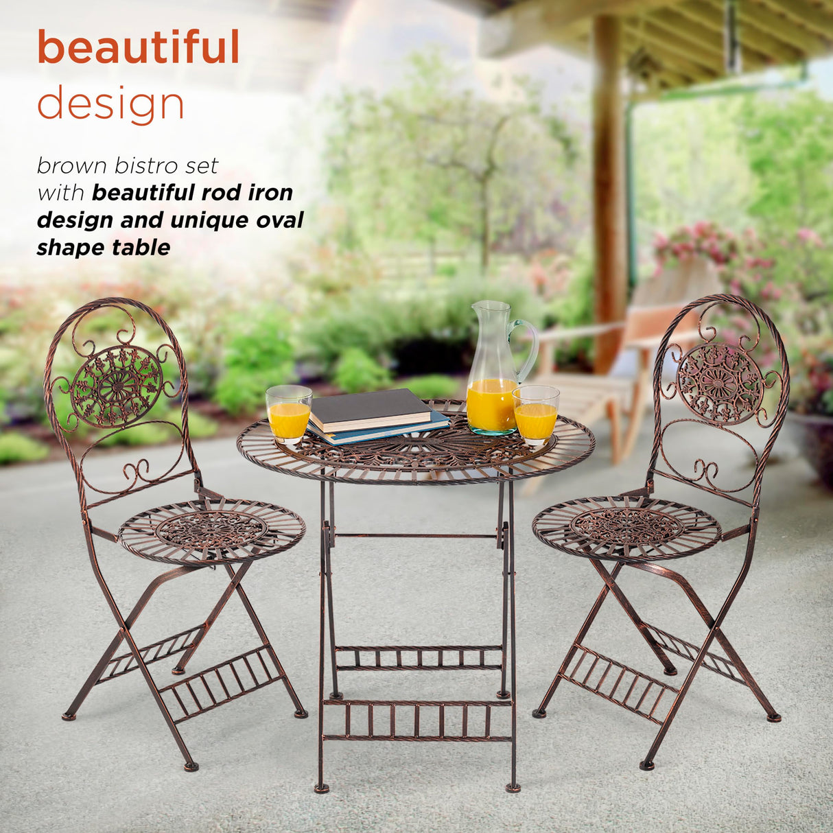 Alpine Corporation Indoor/Outdoor 3-Piece Oval Bistro Set Folding Table and Chairs Patio Seating, Bronze Alpine Corporation