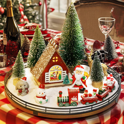 12 PCS Christmas Town Village Sets, 13" Oak Wood Lazy Susan for Table Top Centerpiece Decor for Table, Xmas House Decorations, Trees, Snowman, Elephant, Santa Claus, Reindeer, Train for Festive Decor