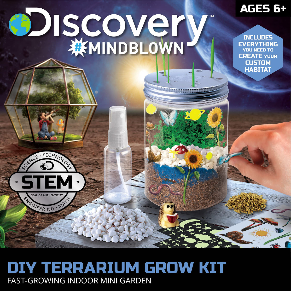 Discovery #MINDBLOWN DIY Terrarium Grow Kit, Fast-Growing Indoor Mini Garden, Create A Living Ecosystem, Includes Sand, Seeds, Potting Mix, Stones and More Discovery Kids