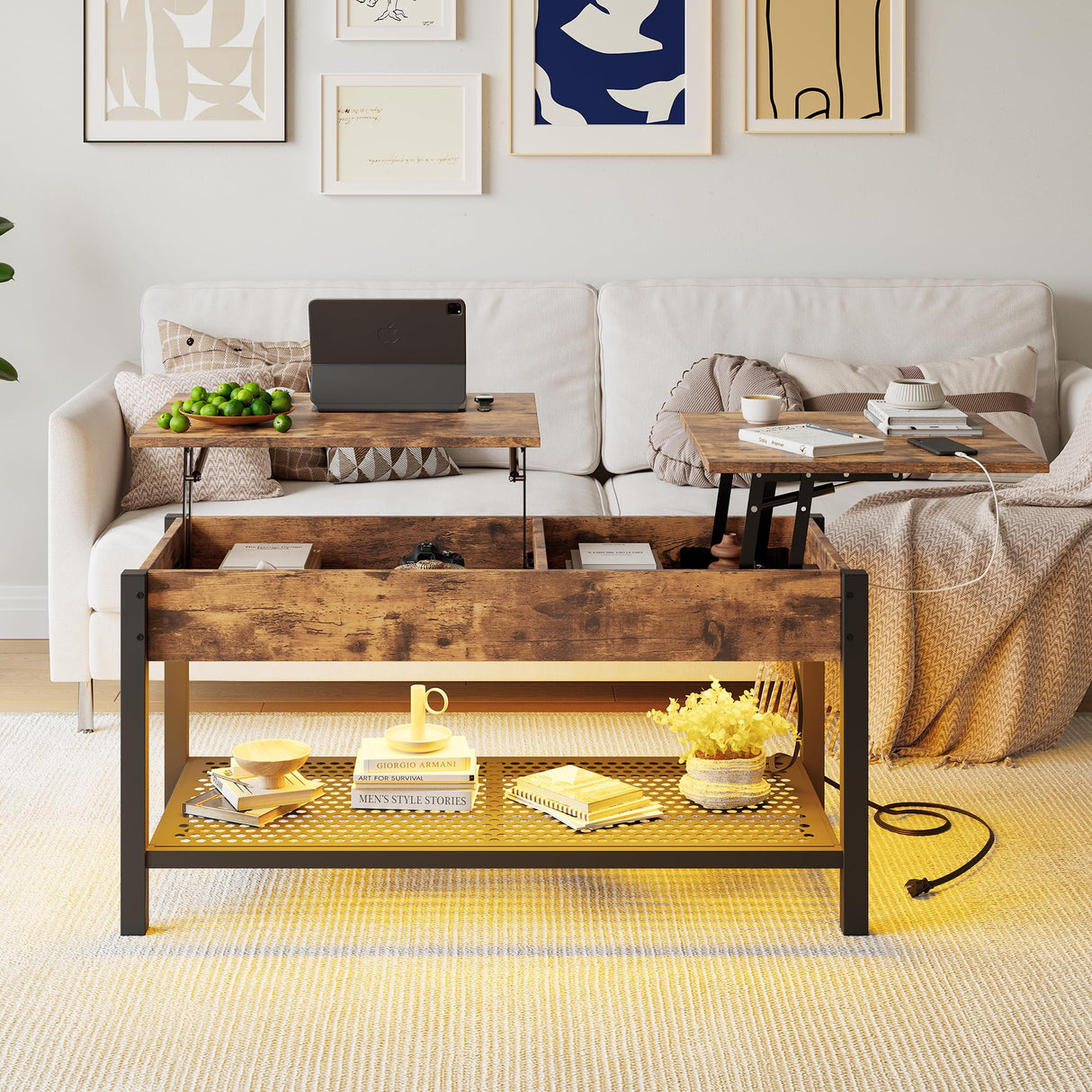 HOJINLINERO Lift Top Coffee Table with Storage/LED Lights,41.7" Small Coffee Table for Living Room,Farmhouse Coffee Table with Storage Shelf and Hidden Compartment,Dining Table Center Table,Brown HOJINLINERO