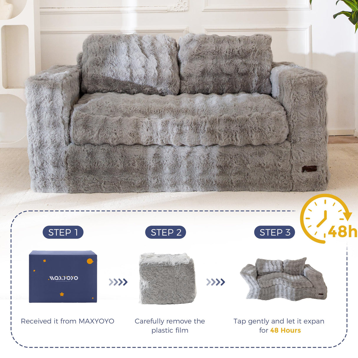 MAXYOYO Loveseat Sofa for Living Room, Small Sofa Couch Tufted Boneless Couch, Comfy Bean Bag Chair for Small Space Bedroom Apartment, No Assembly Needed, Grey MAXYOYO