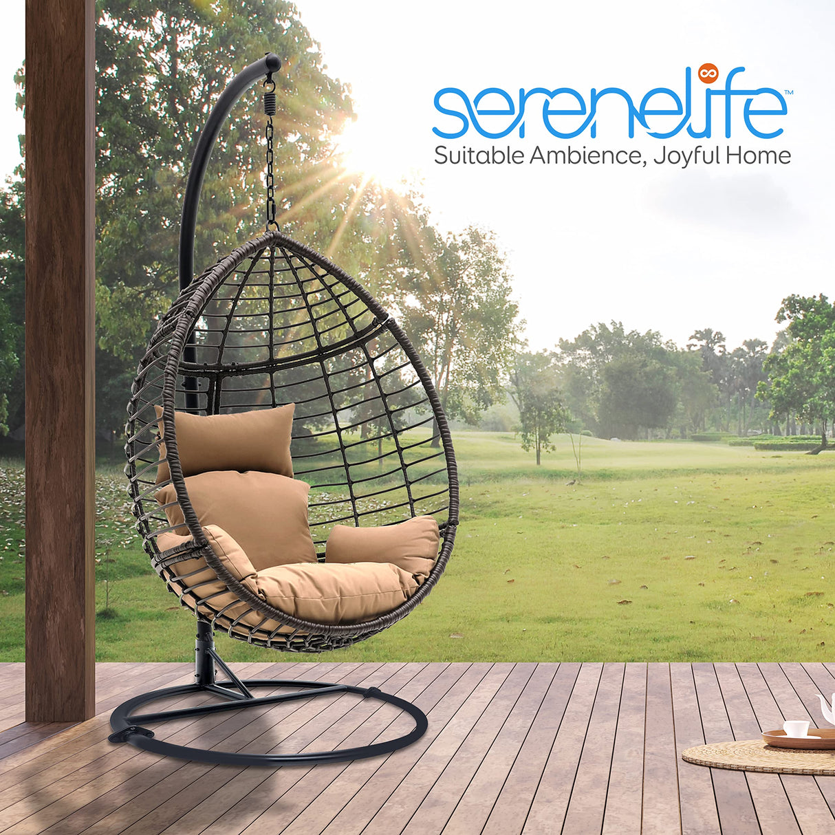 Hanging Egg Chair with Stand - Indoor Outdoor Patio Wicker Rattan Lounge Chair with Stand, Steel Frame, Washable Cushions for Garden Backyard Deck Sunroom - SereneLife SLGZ0EGBR.3 (Brown) SereneLife