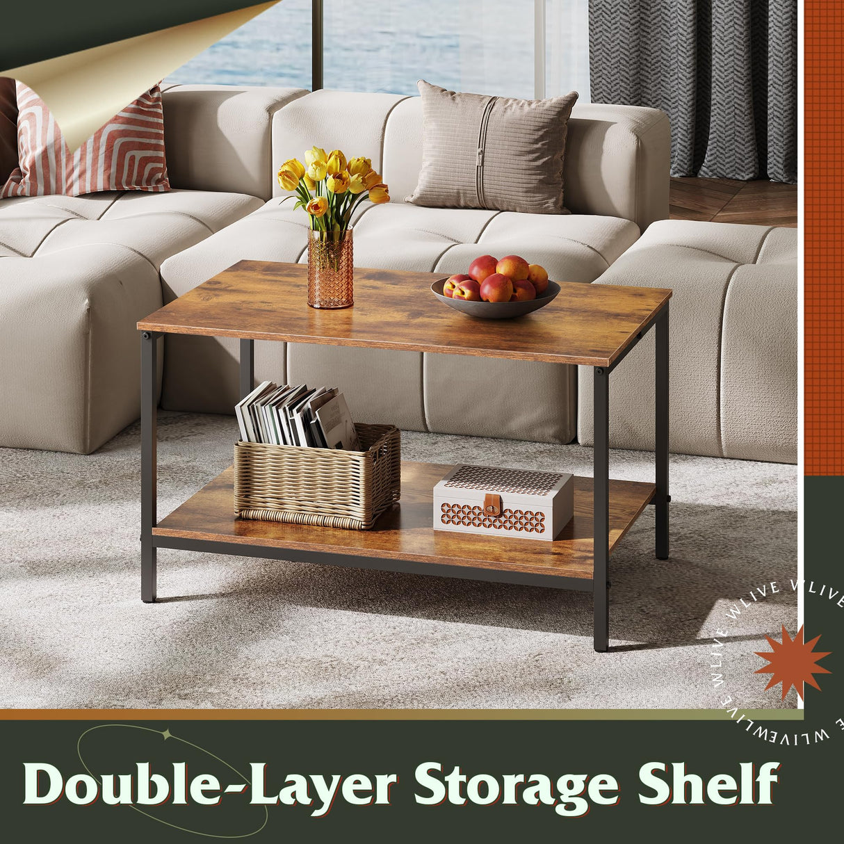 WLIVE Small Coffee Table for Living Room, 31.3" Modern Industrial Coffee Table with Storage Shelf & Metal Frame, 2-Tier Wood Center Table for Small Spaces Apartment, Home, Rustic Brown WLIVE