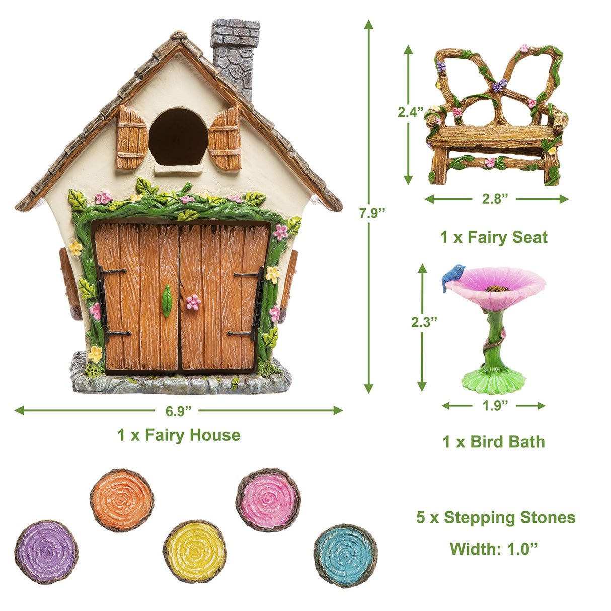 Meadow & Oak Fairy Garden House Kit - Complete with Fairy Garden Accessories, Butterly Seat, Bird Bath, Stepping Stones, Magnetic Door Closure for Indoor/Outdoor Fairy House Meadow & Oak