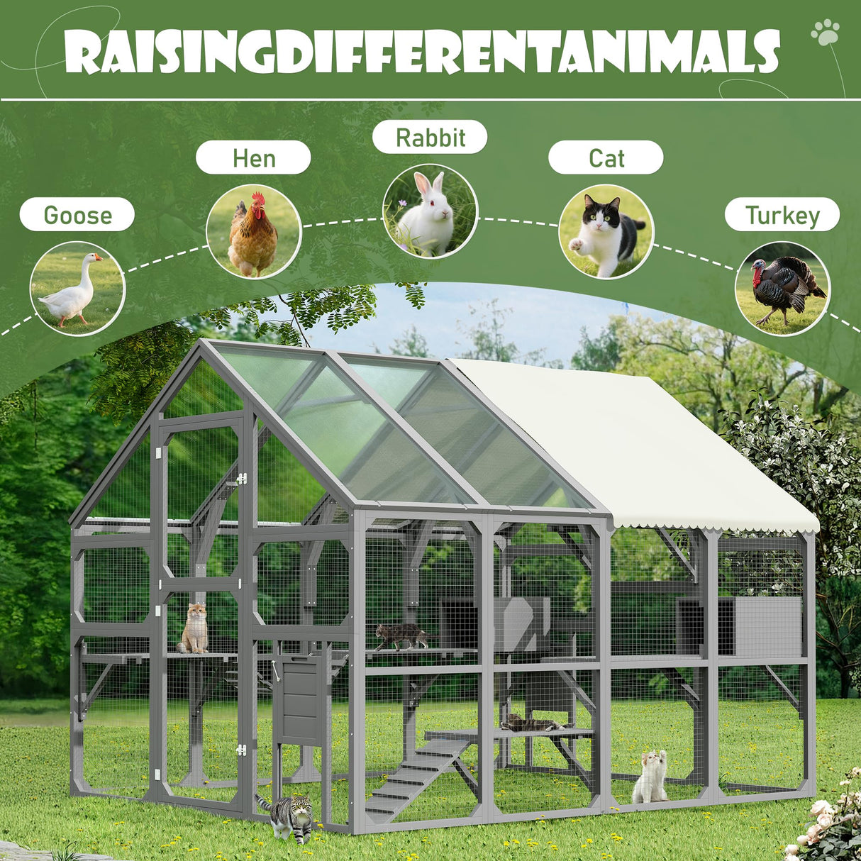 ZMAD Large Catio Outdoor Cat Enclosure for Multiple Kittens, Wooden Cat House with 7 Platforms, 2 Resting Boxes, 1 Bridge and 1 Ramp, Walk in Kitty Cage Kennel with Sunshine Board Roof, Gray ZMAD