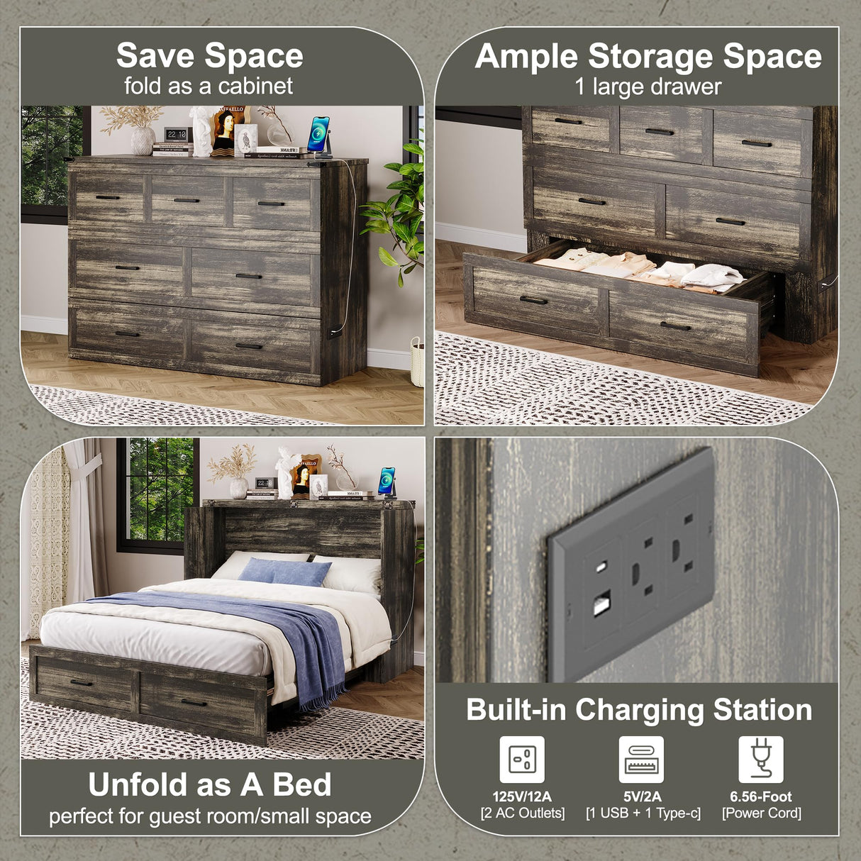 Bellemave Queen Murphy Bed, Cabinet Bed with Charging Station and 1 Large Storage Drawer, Farmhouse Murphy Cabinet with Foldable Panel, Noisy Free, for Guest Bedroom, Living Room, Rustic Gray Bellemave