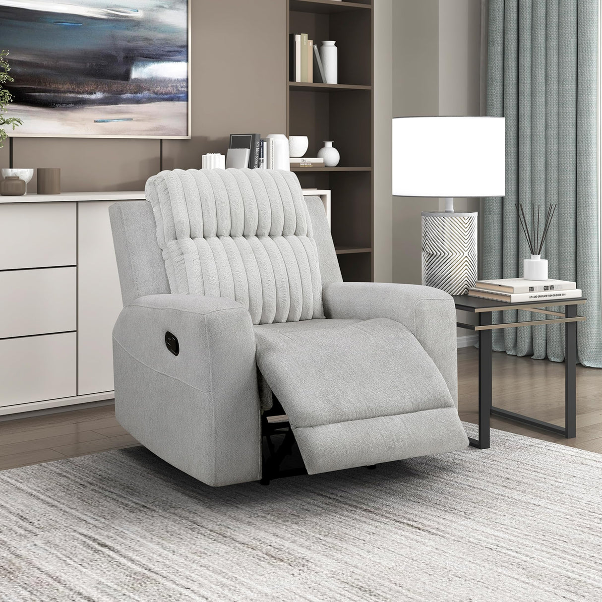 Lexicon Modern Recliner Chair for Living Room, Manual Wall Hugger Textured Microfiber Reclining Chair, Plush Corduroy Channel Seat Back, Manual Recliner, Light Gray Lexicon
