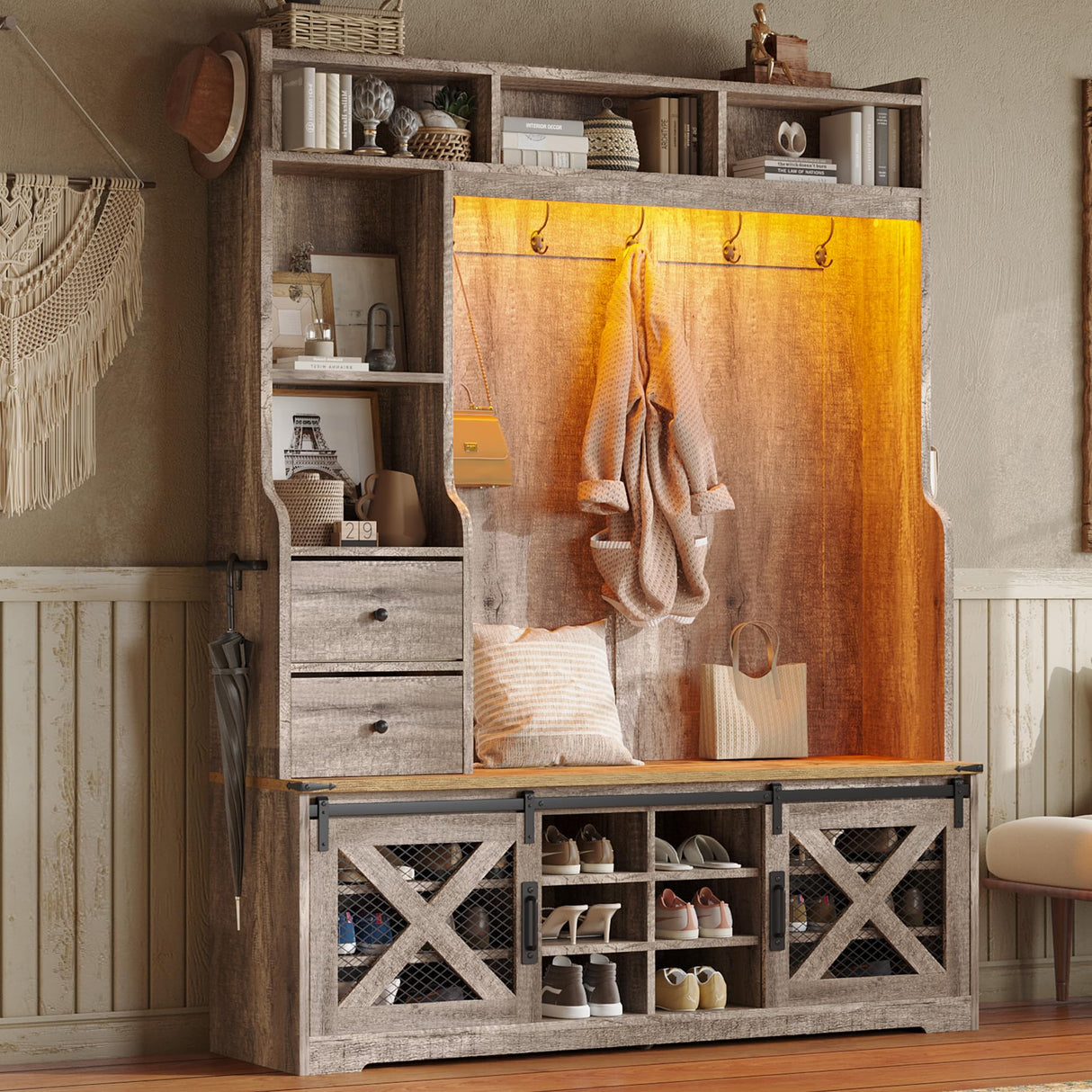 AMERLIFE 7-in-1 Farmhouse Hall Tree with Bench and Shoe Cabinet, LED Entryway Organizer with Drawers,12 Shoe Cubbies & Barn Doors, 7 Coat Racks with Shoe Storage, Rustic Gray AMERLIFE