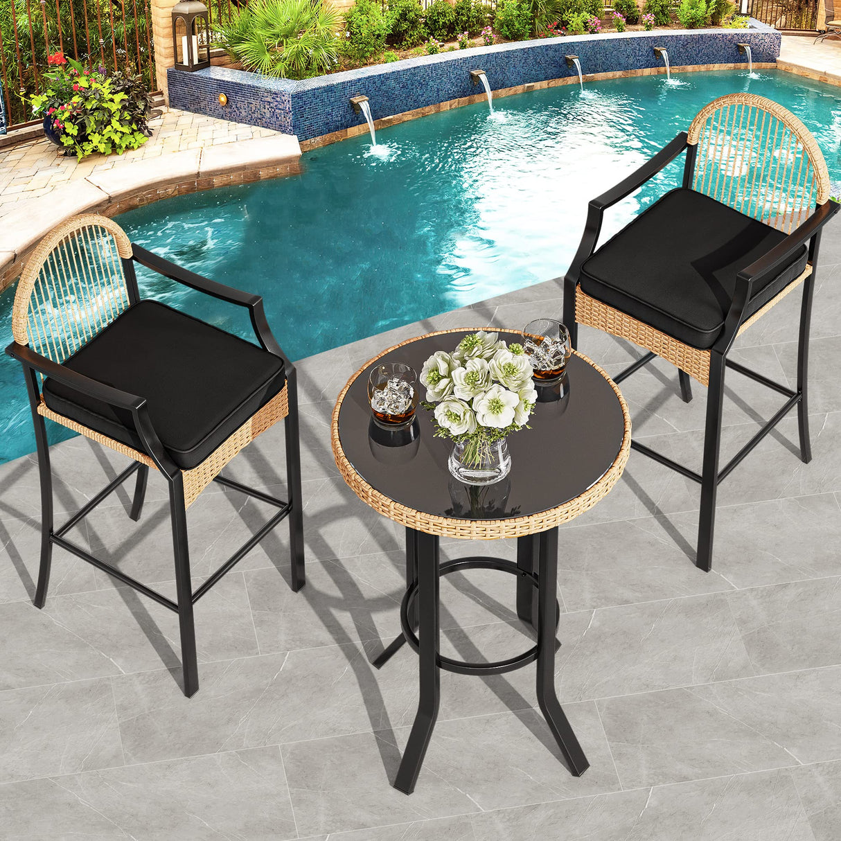 YITAHOME Patio Bar Table Sets, 3-Piece Outdoor Wicker Bar Height Bistro with Soft Cushions, Steel Frame for Poolside Balcony, Barstools (Black+Light Yellow) YITAHOME