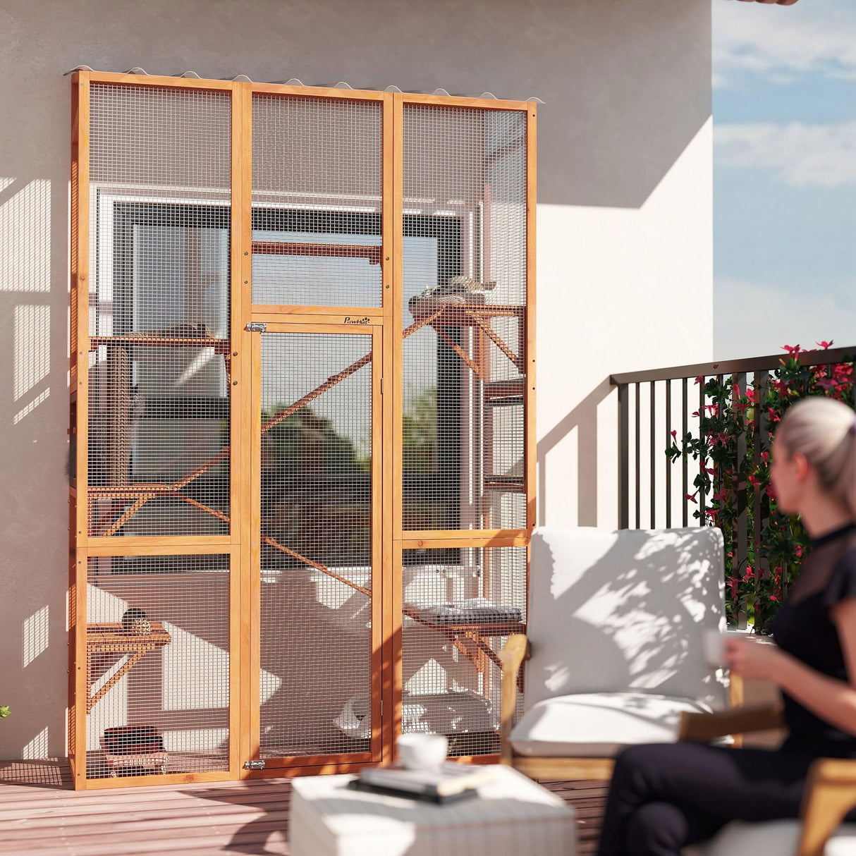 PawHut Outdoor Catio Cat Enclosure, Large Wooden Cat House with 6 Jumping Platforms, Scratching Post, 2 Ramps, Waterproof Roof, Cat Cage Window Access for 2-3 Kittens, 99" H, Orange PawHut