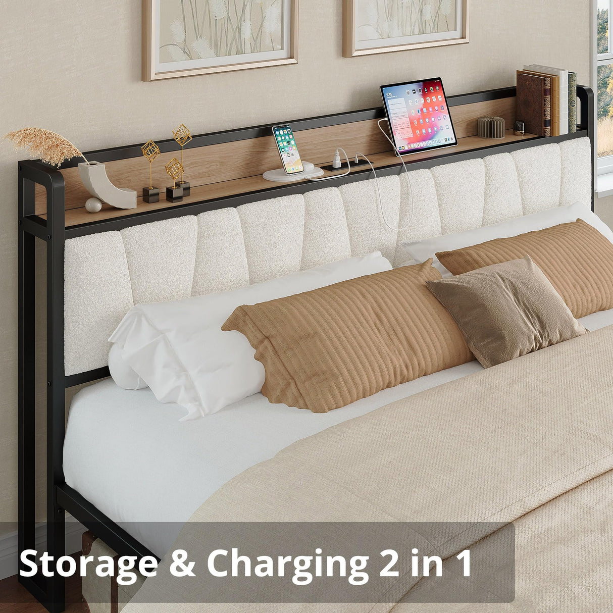 LIKIMIO King Bed Frames, Storage Headboard with Charging Station, Solid and Stable, Noise Free, No Box Spring Needed, Easy Assembly, Wood and Cream LIKIMIO