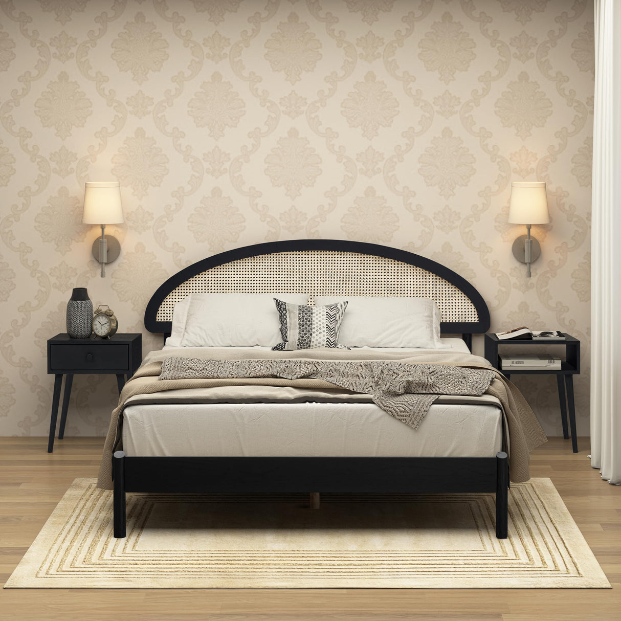 NTC Gem Wooden Bed Frame with Headboard and Natural Rattan, Solid Oak Foundation with Silent Slats, 1000 Lb Capacity, Effortless Assembly, Queen - Burnt Black NTC