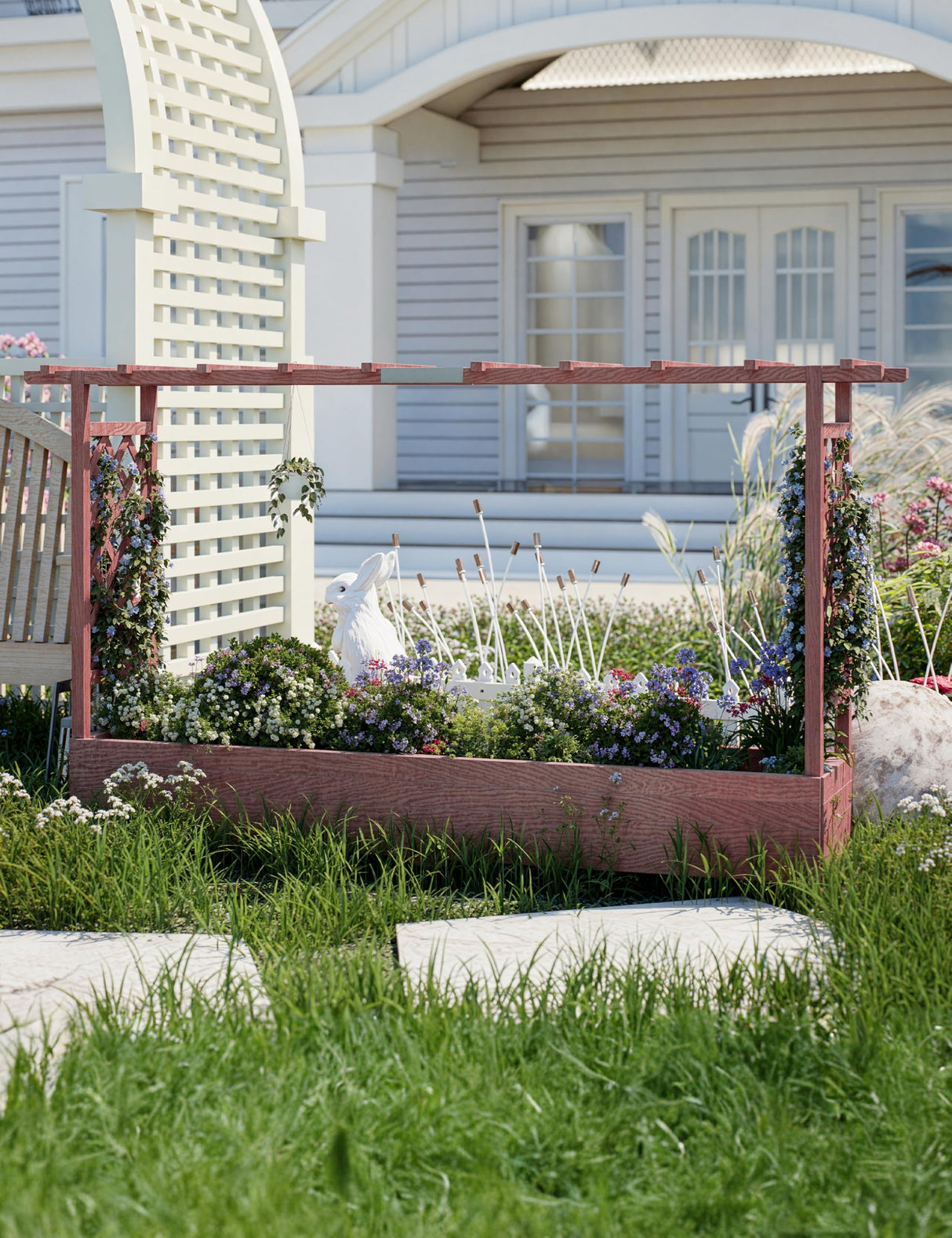 Hipicute Elevated Garden Bed with Arch Trellis & Hanging Roof for Vine Climbing Plants, Wood Planter Box with Hanging Roof, Side Trellis, 4 Drainage Holes,Above Ground Raised Garden Bed, 79"x17"x45" Hipicute