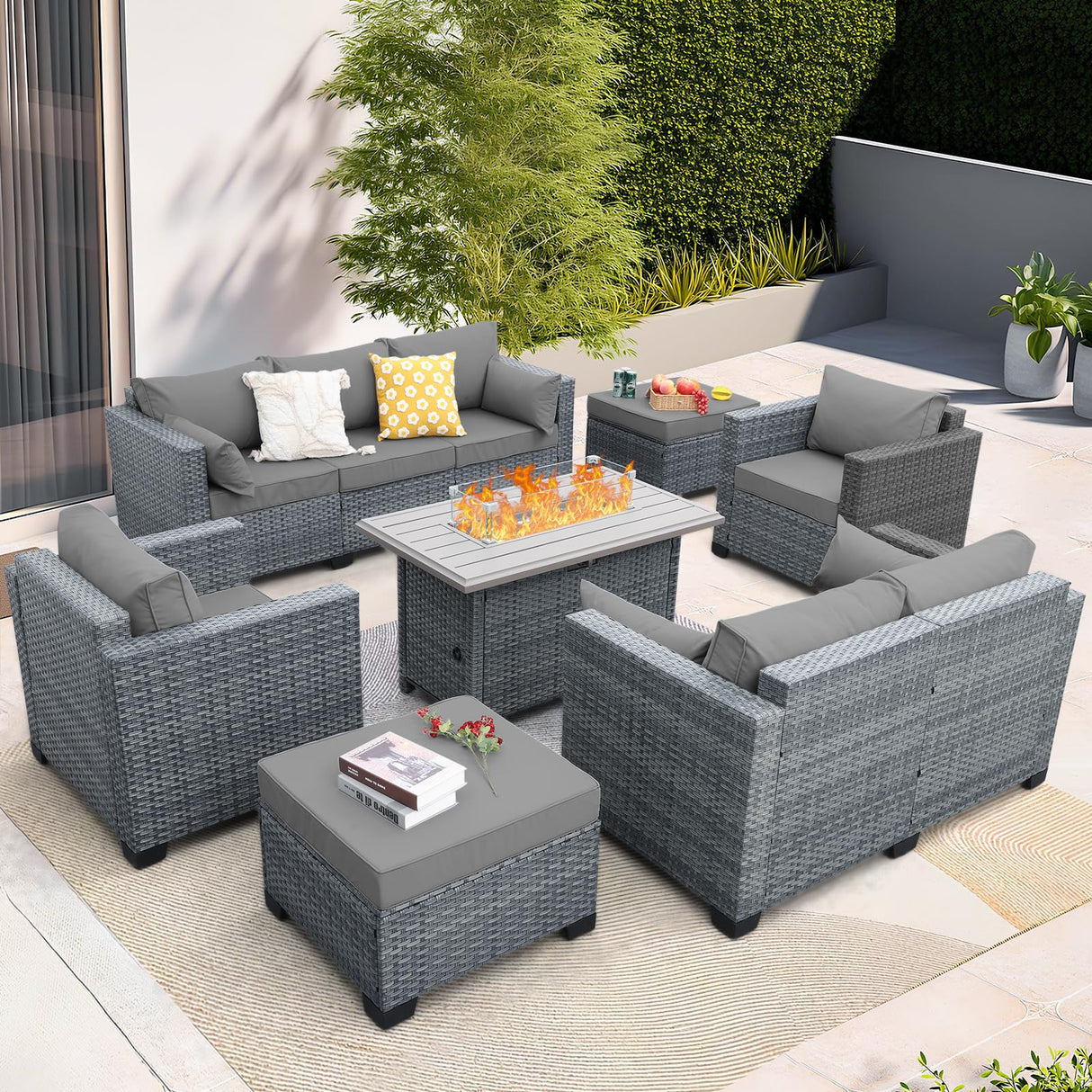 Lviden 7 Piece Wicker Patio Furniture Sets Outdoor Conversation Set, PE Rattan Sectional Sofa Couch with Fire Pit Table and Non-Slip Grey Cushions, Furniture Covers Included Lviden