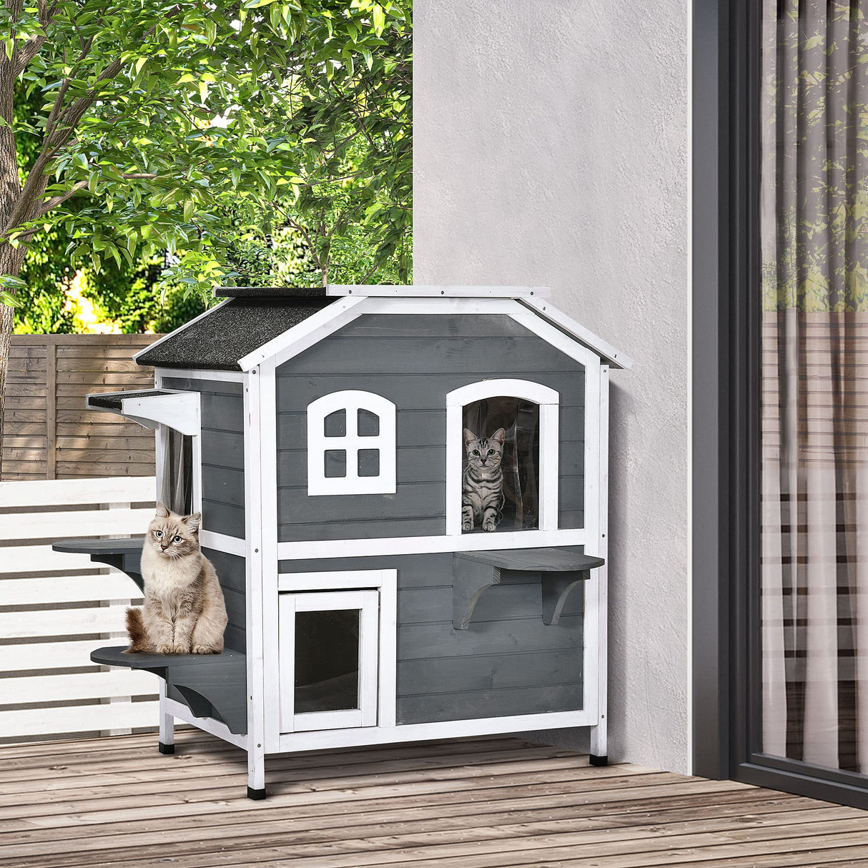 PawHut 2-Story Cat House Outdoor, Weatherproof Wooden Cat Enclosure for Feral Cats with Escape Door, Openable Roof, Jumping Platforms, Gray PawHut