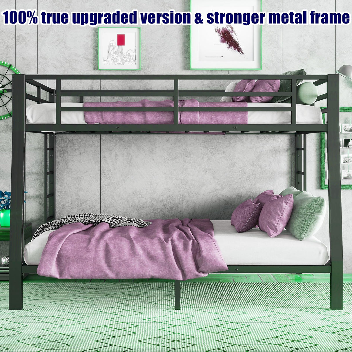 TIHWOALL Latest Upgrade & Stronger Full XL Over Queen Size Bunk Bed, Thickened More Rust-Proof Metal Heavy Duty Steel Bunkbed with Enhanced Legs & Slats (Easier Assembly) (Full XL Over Queen) TIHWOALL