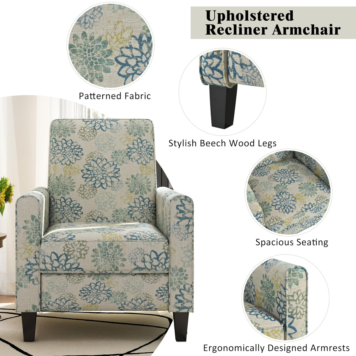 Christopher Knight Home Kenley Modern Fabric Upholstered Push Back Recliner Chair, Wooden Gliding Home Theater Seating, Comfy Reading Chair, Deep Seating Single Sofa Accent Chair, Mixed Blue Christopher Knight Home