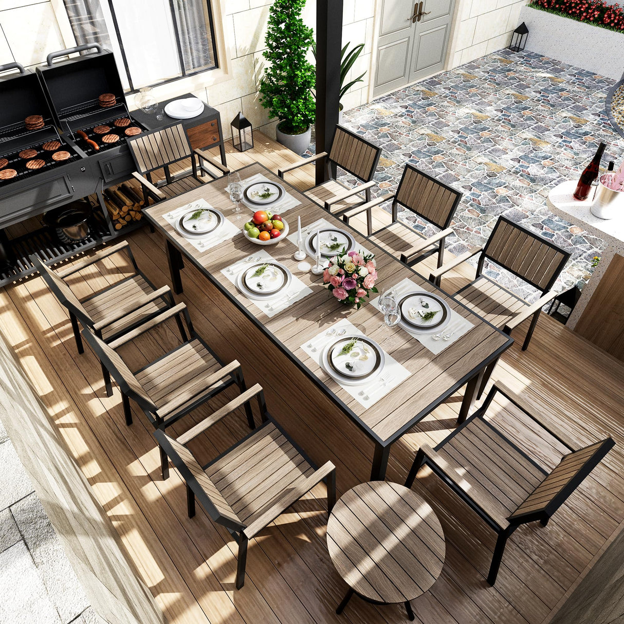 Pamapic 10-Piece Patio Dining Set,Outdoor Aluminum Furniture Set with Plastic-Wood Table Top,Outdoor Furniture Set with 8 Outdoor Stackable Chairs for Patio Garden Poolside (Walnut) Pamapic