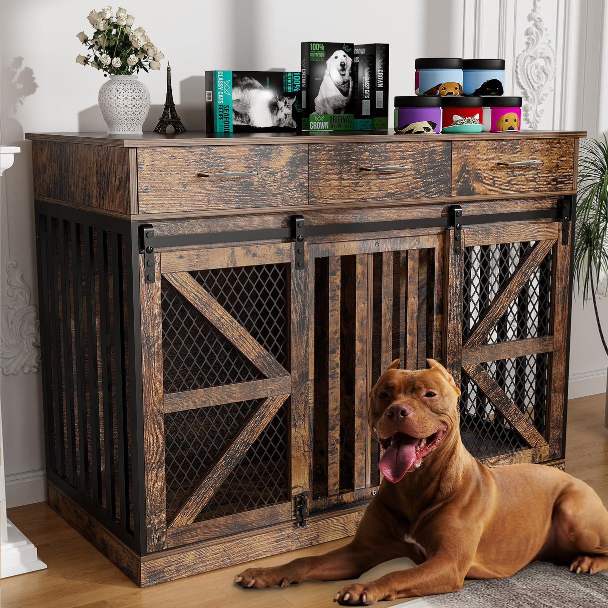 kepptory 48'' Dog Crate Furniture with Removable Divider & Storage Drawers, Wooden Double Dog Cage TV Stand with 2 Sliding Barn Doors, Multi-Functional Dog Crate End Table for Indoor use (Retro Brown) kepptory