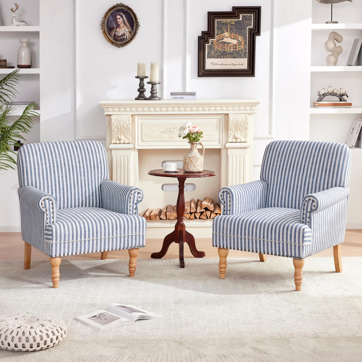HUIMO Linen Fabric Accent Chairs Set of 2, Mid-Century Modern Armchair with Solid Wood Legs, Single Sofa Chair,Upholstered Reading Club Chair (2, Dark Blue and White Stripe) HUIMO