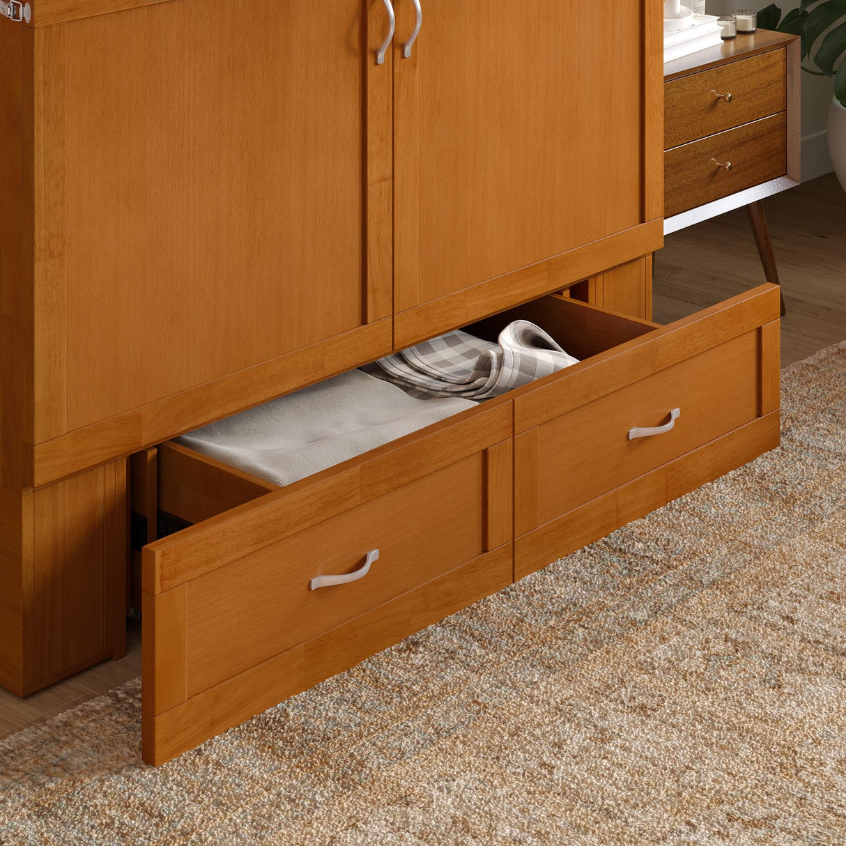 AFI Hamilton Full Murphy Bed Chest with Mattress, Storage, and Built-in Charger in Light Toffee AFI
