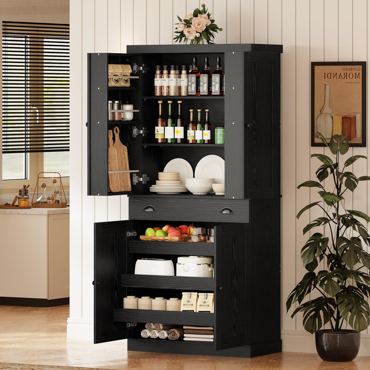 IRONCK Kitchen Pantry Cabinet 72" Height, Freestanding Cupboard with Drawer, Sliding Storage Rack, and 6 Hanging Shelves for Dining Room, Laundry, Living Room, Black IRONCK