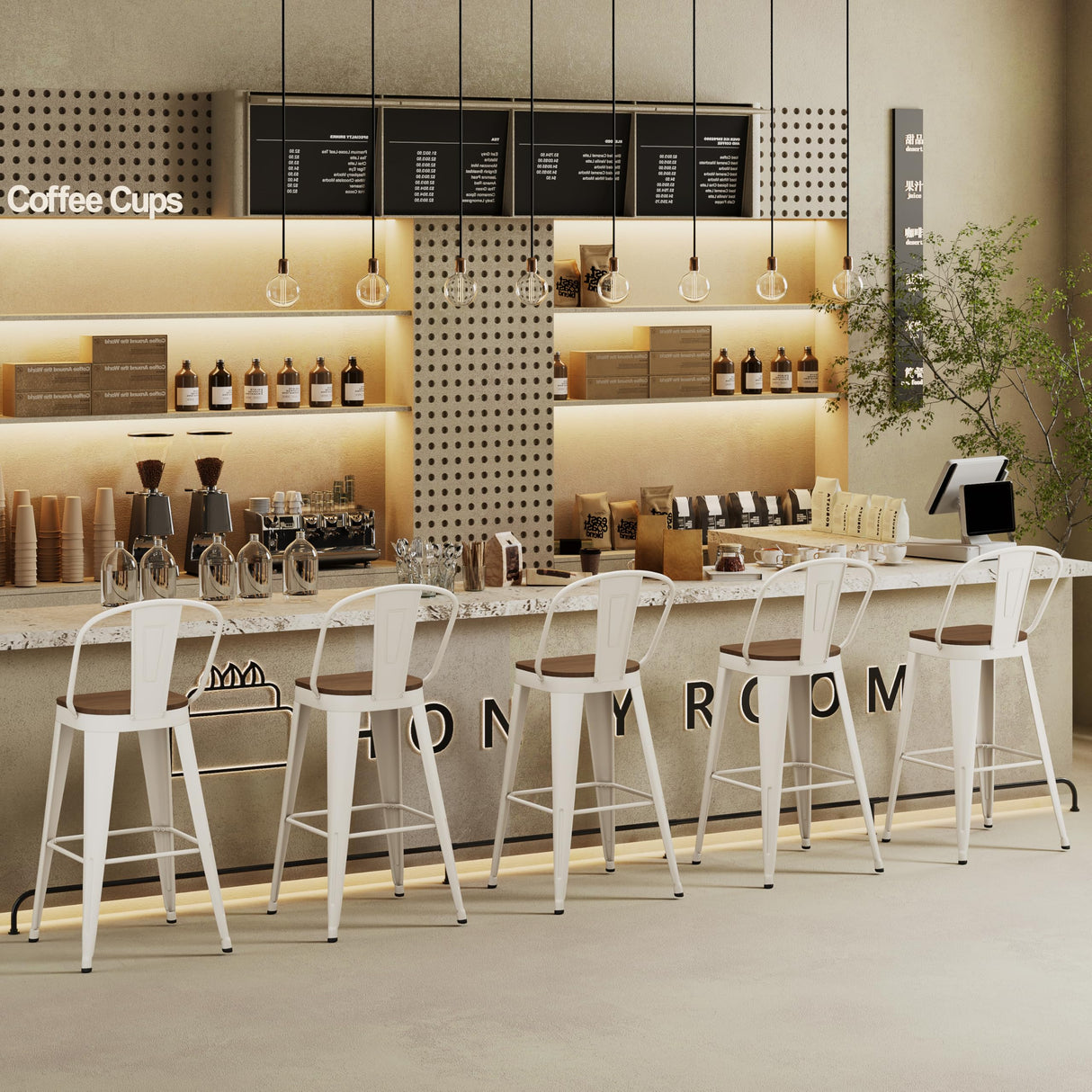 Andeworld Metal Bar Stools Set of 4, 24 inch Counter Height Barstools with Backs Farmhouse Modern High Back Bar Stools with Larger Seat Kitchen Dining Bar Chairs,Off White Andeworld