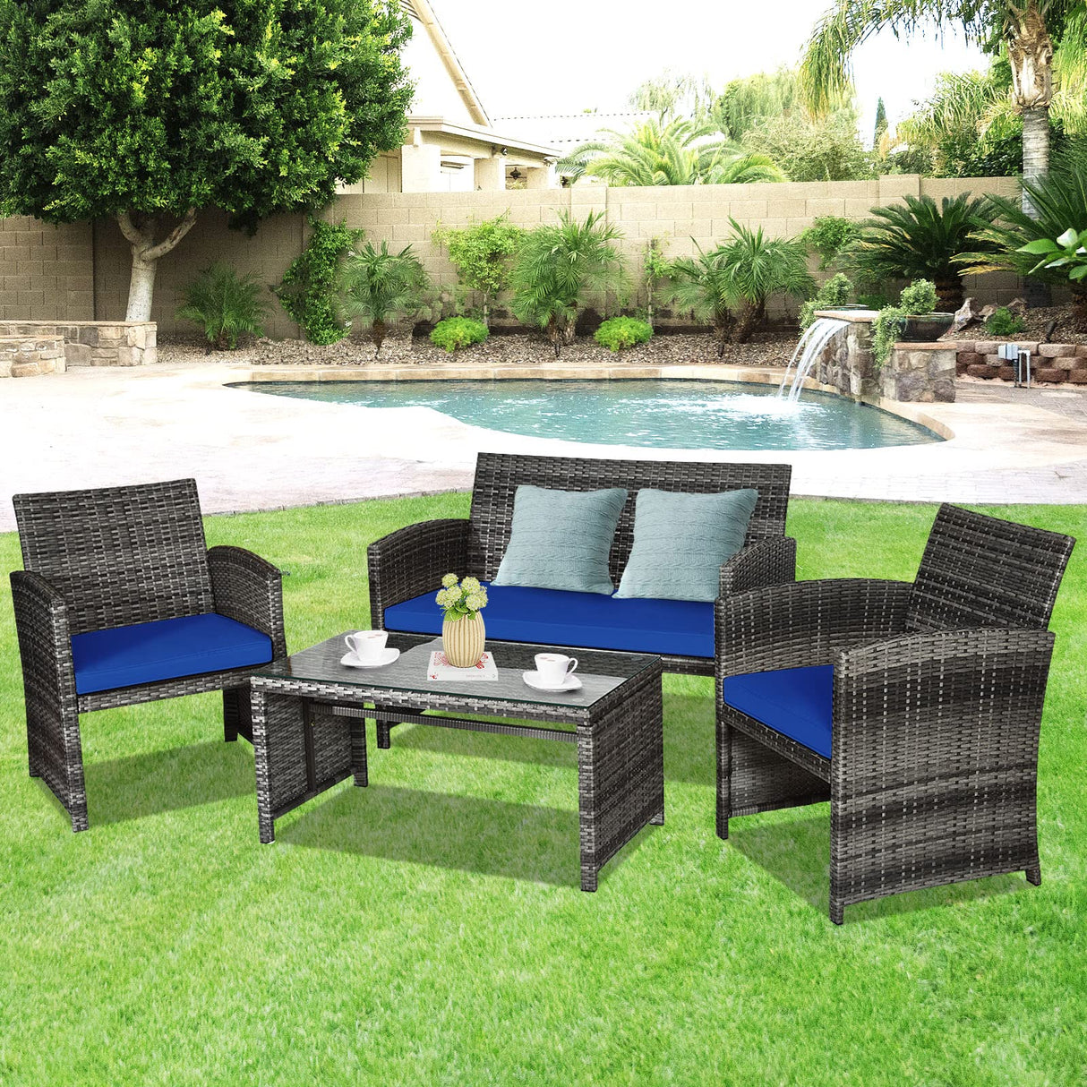 Goplus 4-Piece Rattan Patio Furniture Set, Outdoor Wicker Conversation Sofa with Weather Resistant Cushions and Tempered Glass Tabletop for Lawn Backyard Pool Garden (Blue) Goplus