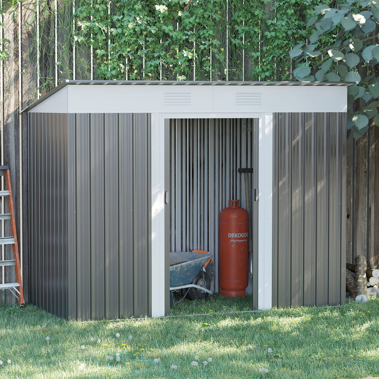 Outsunny 8' x 3.5' Metal Lean to Garden Shed, Outdoor Storage Shed, Garden Tool House with Double Sliding Doors, 2 Air Vents for Backyard, Patio, Lawn, Gray Outsunny