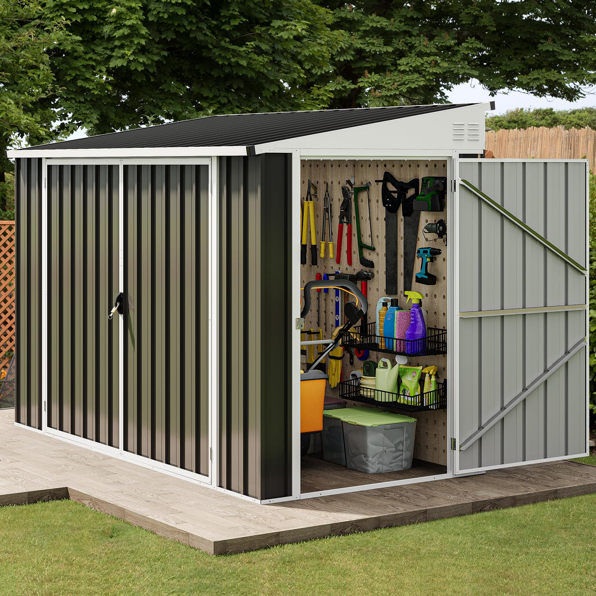 DWVO 8x4 FT Outdoor Weatherproof Storage Shed, Secure Metal Bike Shed w/Lockable Entry, Garden Storage Solution for Lawn Equipment, Tools, Waste Bin, Dark Gray DWVO