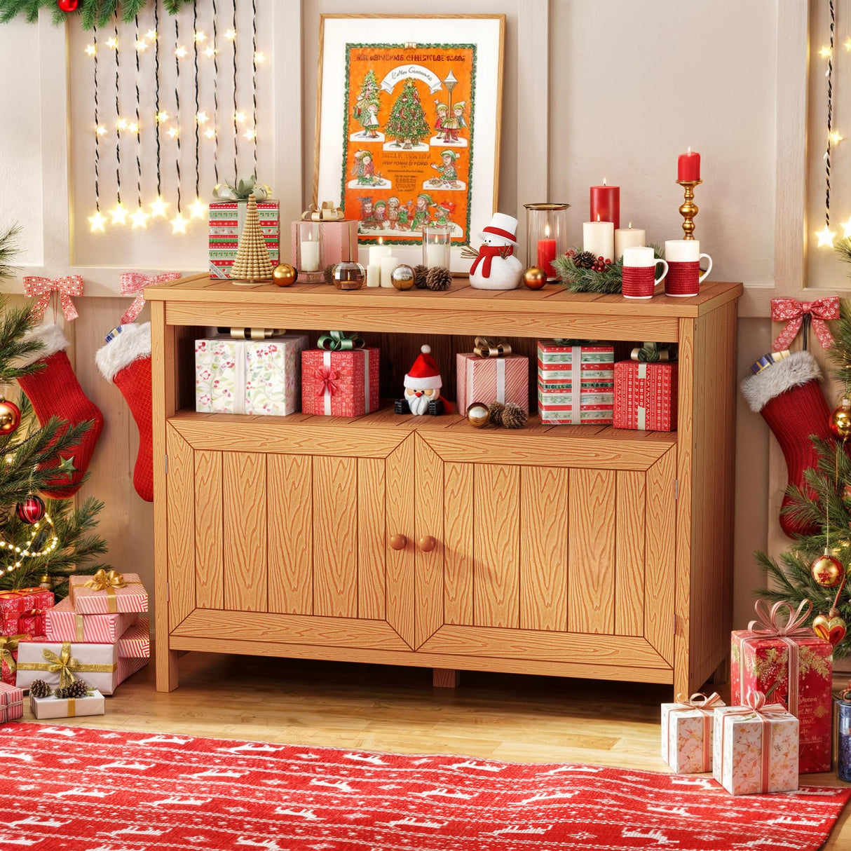 DWVO Poly Lumber Outdoor Sideboard, Patio Bar Table with Storage and Shelves, Weather Resistant Storage Cabinet for Outdoor, Pool and Garden - Brown DWVO