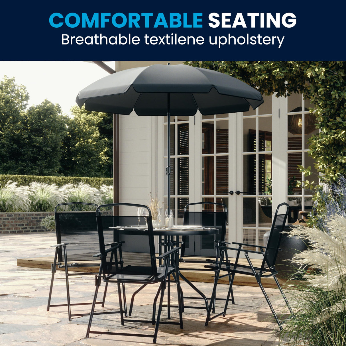 Flash Furniture Nantucket 6 Piece Patio Garden Table Set - Umbrella Table - Set of 4 Black Folding Chairs Flash Furniture