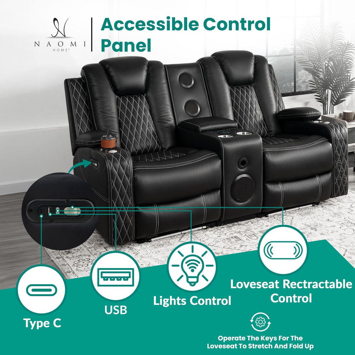 Naomi Home Living Room Furniture Set, Power Reclining Sofa Set, Air Leather Recliners with Built-in USB Ports and Storage Console, LED Reclining Couch Set for Living Room (Black, Loveseat and Chair) Naomi Home