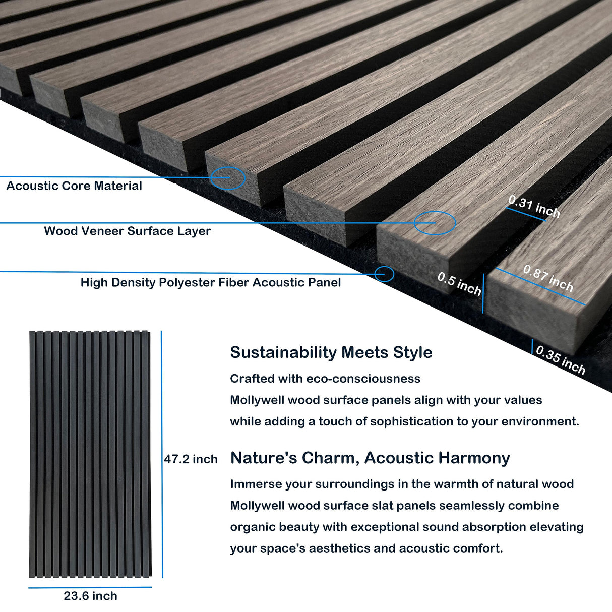 Mollywell Wood Slat Wall Panel, Easy Installation, Versatile, Enhanced Acoustic Design, Suitable for Living Room, Bedroom, Kitchen & Offices (2 Pcs, Black Oak), 47.2x23.6x0.87 Inch Each Mollywell