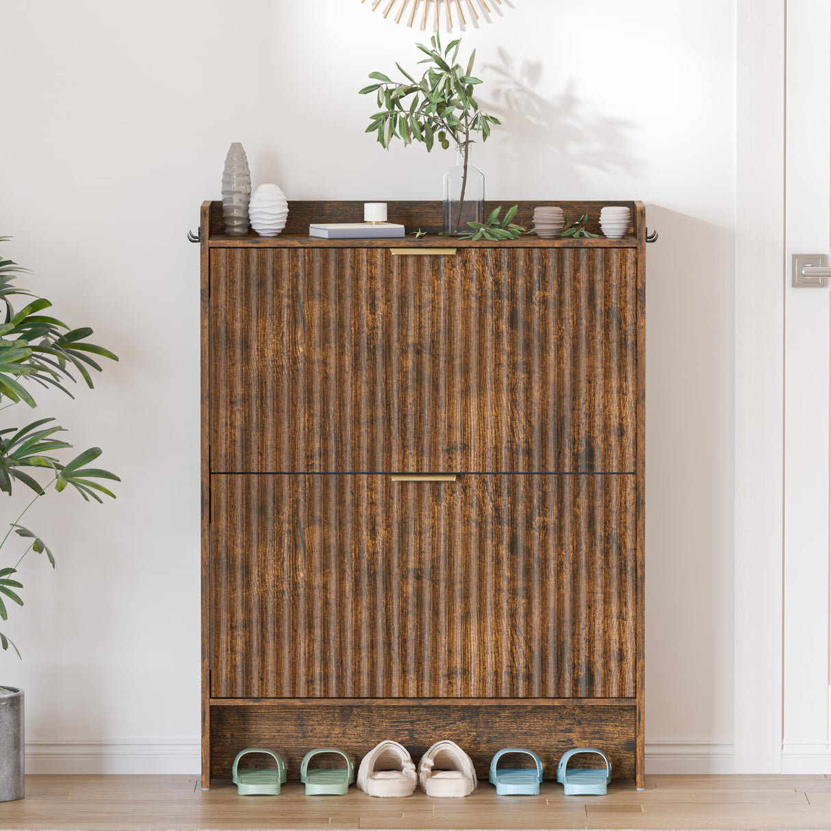 Piskyet Shoe Storage Cabinet with 2 Flip Drawers, Morden Fluted Narrow Shoes Rack Organizer Cabinet for Entryway with Anti-tilt Device,Hidden Handles,Rustic Brown Piskyet