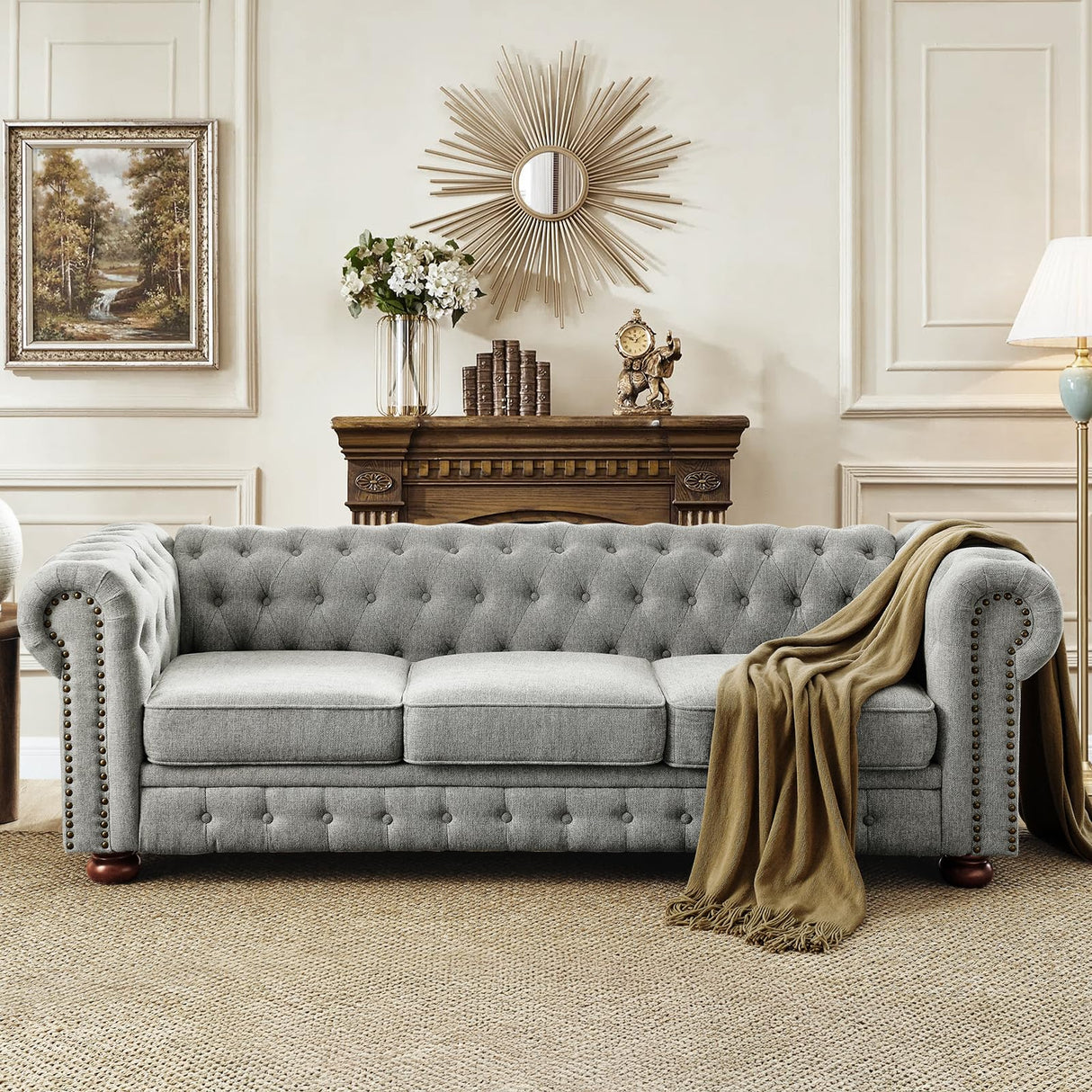 88.5''W Linen Chesterfield Sofa, Mid Century Modern Couch with Button Tufted & Rolled Armrests, Comfy 3-Seater Deep Seat Sofa with Nailhead Trim & Gourd Legs for Living Room, Apartment(Light Grey) JEEOHEY