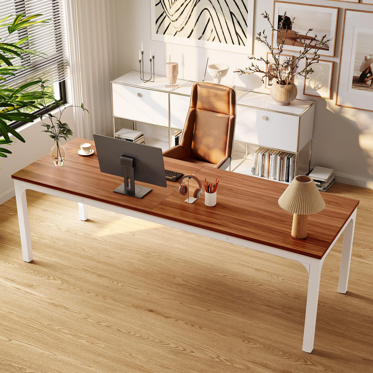LITTLE TREE 78.7-Inch Ultra Long Double Desk, Writing Gaming Work Computer Two-Person Desk for Home Office, Walnut + White LITTLE TREE