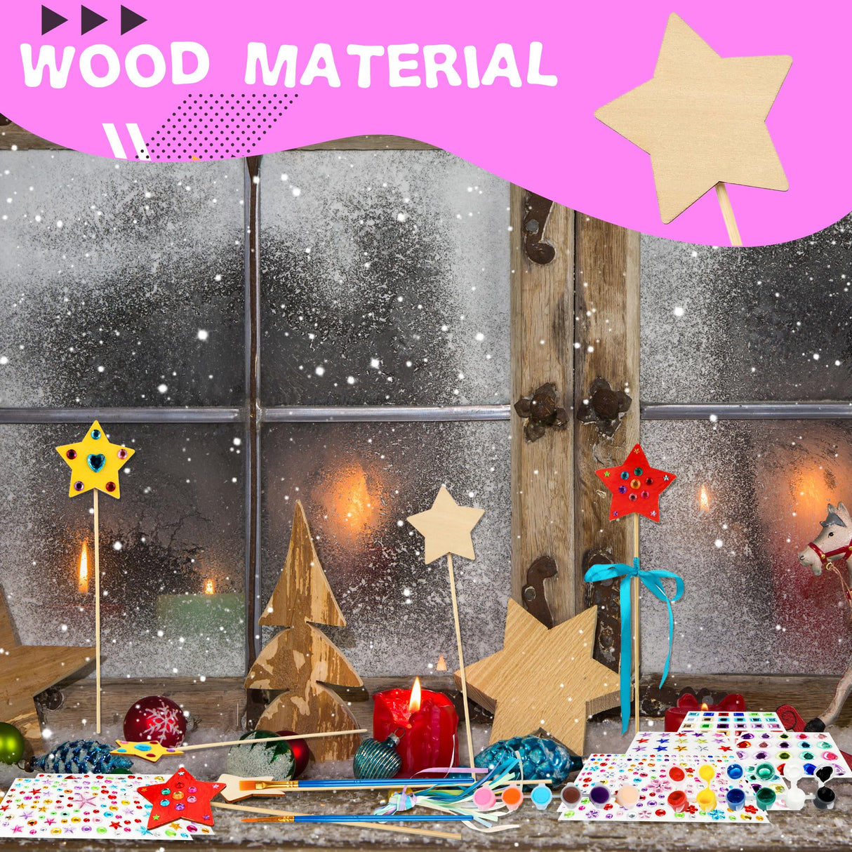 122 Pcs Unfinished Star Princess Fairy Wands Kit Make Your Own Princess Wand DIY Art Craft Magical Wand Include 48 Star Wooden Fairy Wands 24 Gem Stickers 48 Ribbons 12 Markers for Kids Party Supplies Feradny