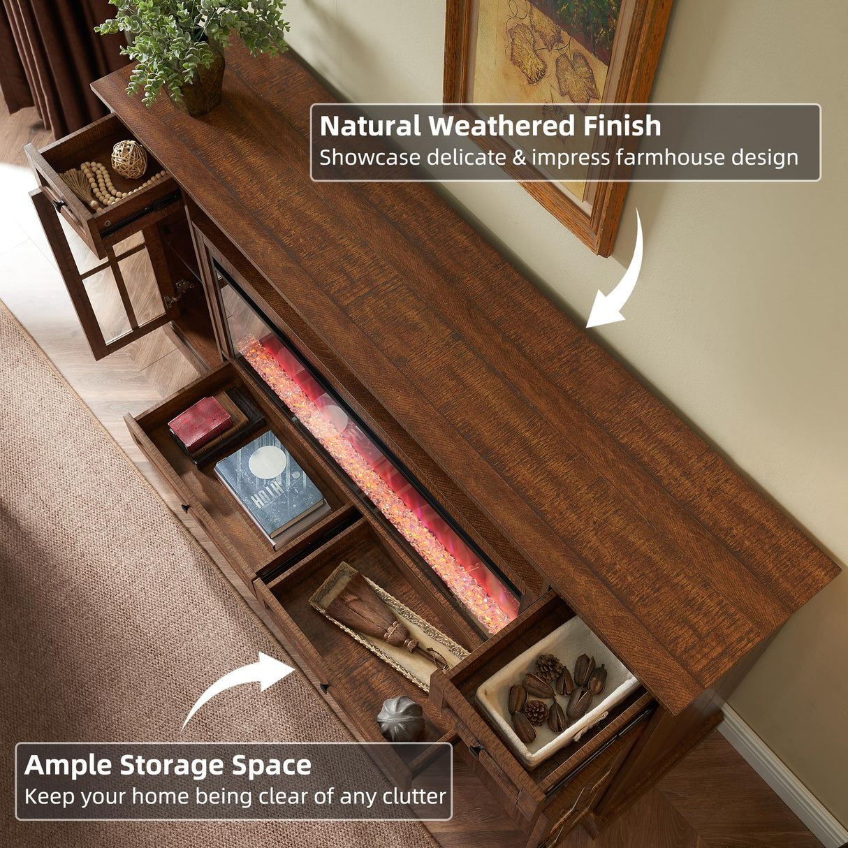 OKD Fireplace TV Stand for 80 Inch TV, Farmhouse Entertainment Center with 42" Fireplace & LED Lights, Modern Media Console Table with Storage Drawers & Cabinets for Living Room, Reclaimed Barnwood OKD