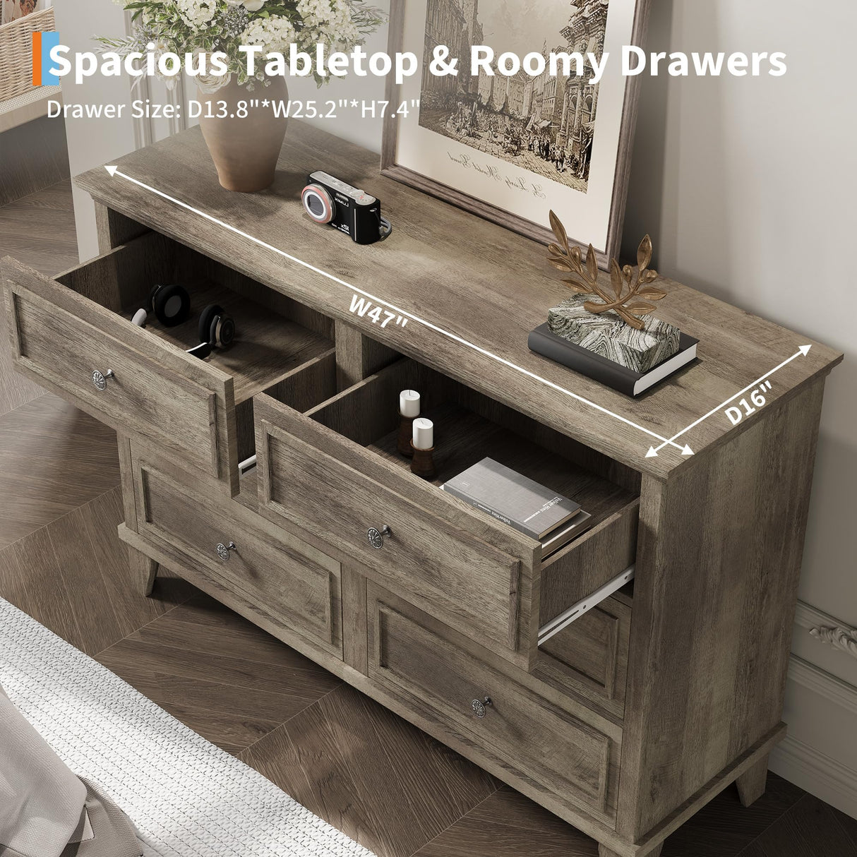 GarveeHome Farmhouse Grey Dresser for Bedroom with 6 Drawer, Double Dresser TV Stand with Vintage Handle, Wide Wood Dressers & Chests of Drawers, 6 Drawer Dressers for Bedroom, Living Room, Hallway GarveeHome