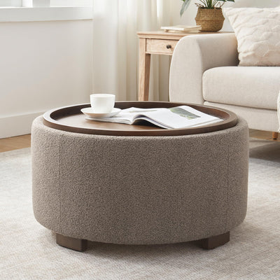 Zihanhome 30 Inch Round Storage Ottoman Coffee Table, Modern Boucle Ottoman with Lift-Off Lid and Solid Wood Legs for Living Room, Bedroom, Corners, Apartments (Brown)