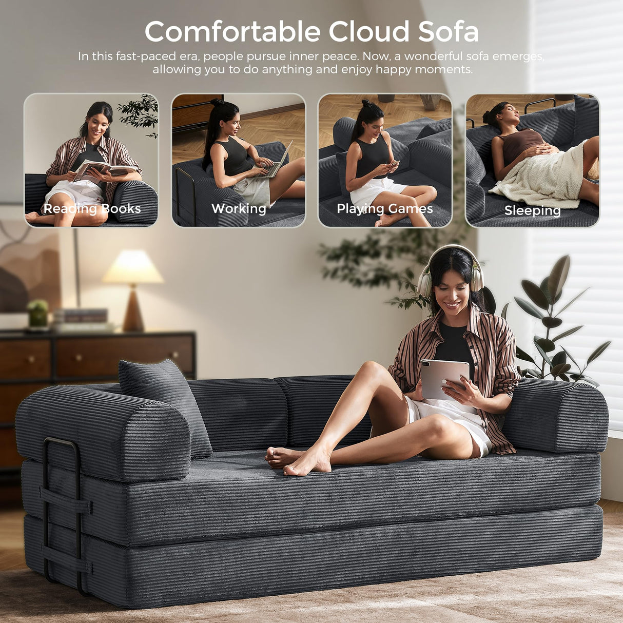 79" Convertible Sofa Bed with Fixed-Shape Frame & Removable Armrests, Modular Corduroy Sleeper Sofa, Folding Mattress Couch for Small Spaces - No Assembly Needed in Dark Gray (Includes 2 Pillows) SAVENICA