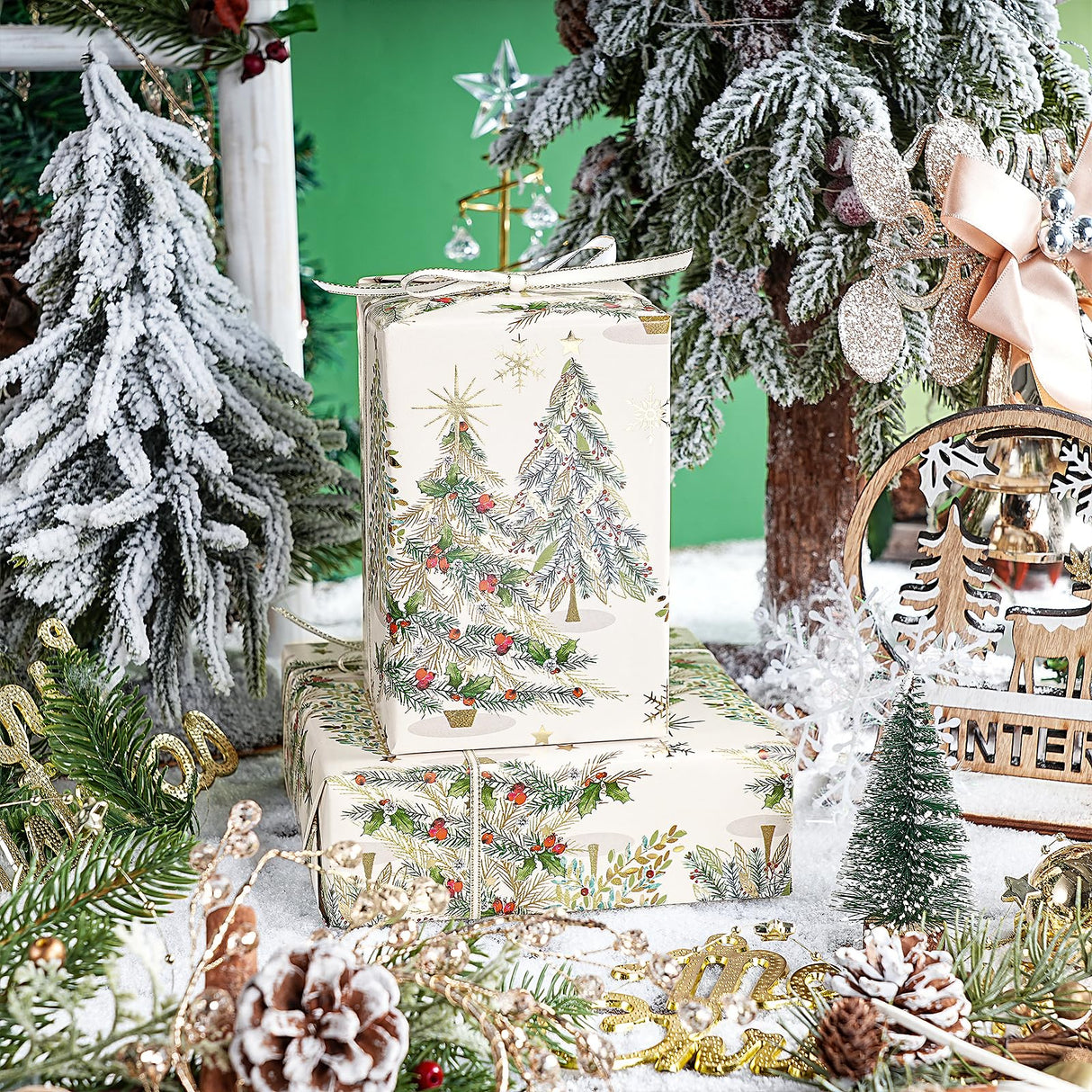 RUSEPEA Luxury Christmas Tree Wrapping Paper Roll, Mini Roll, Elegant Gold Foil Xmas Tree Gift Wrap Paper for Holiday Gifts, Party, DIY Crafts (17in x 16.4ft) RUSPEPA