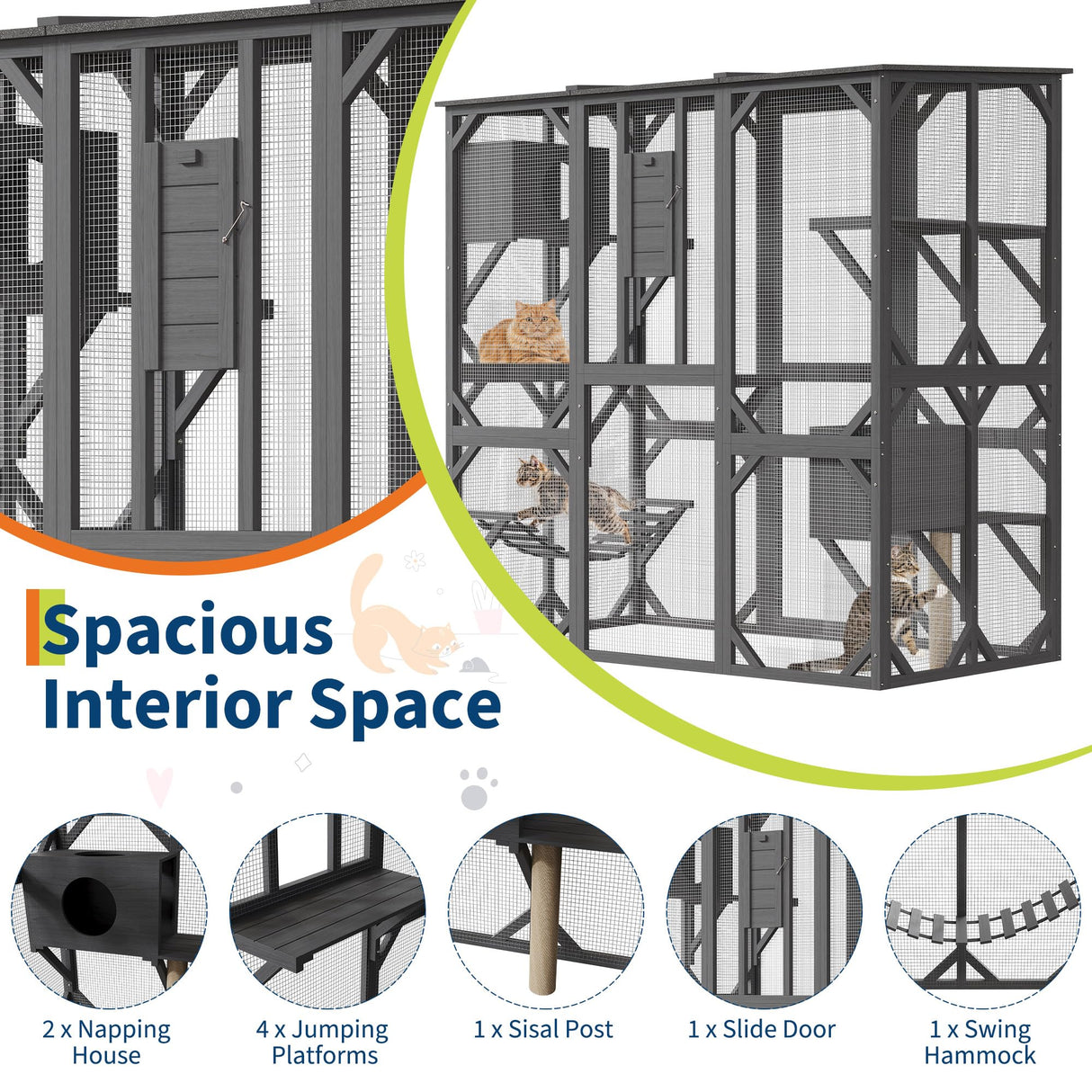 70'' Walk-in Catio with Window Access, Extra Large Outdoor Cat Enclosure for Multiple Cats, Waterproof Roof Cattery with Bridge and Scratching Post Outside Patio Cat Playpen Grey GarveeLife