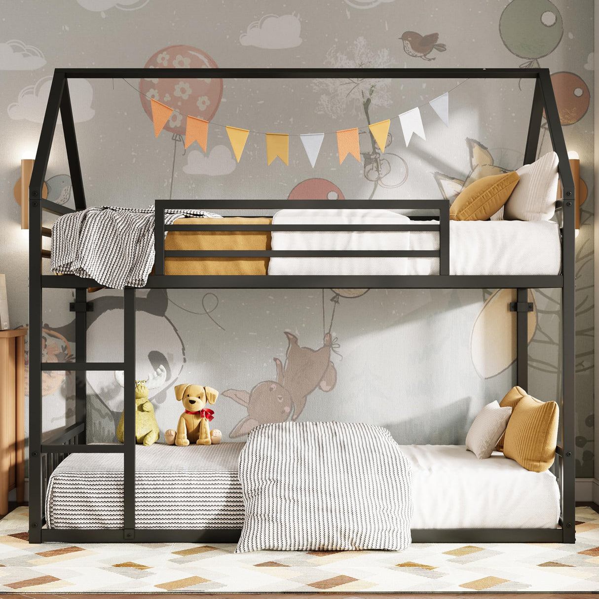 LIKIMIO Bunk Bed Twin XL Over Twin XL, Metal Bunk Bed Frame with Ladder and Guardrail, House Shaped with Metal Slats for Dormitory and Bedroom, Space Saving, No Box Spring Needed, Black LIKIMIO