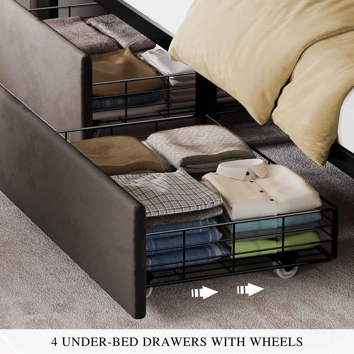 YITAHOME King Size Bed Frame with 4 Drawers and RGB LED Lights, Velvet Upholstered Platform Bed with Charging Station and Storage Headboard, No Box Spring Needed, Easy Assembly, Noise-Free, Grey YITAHOME