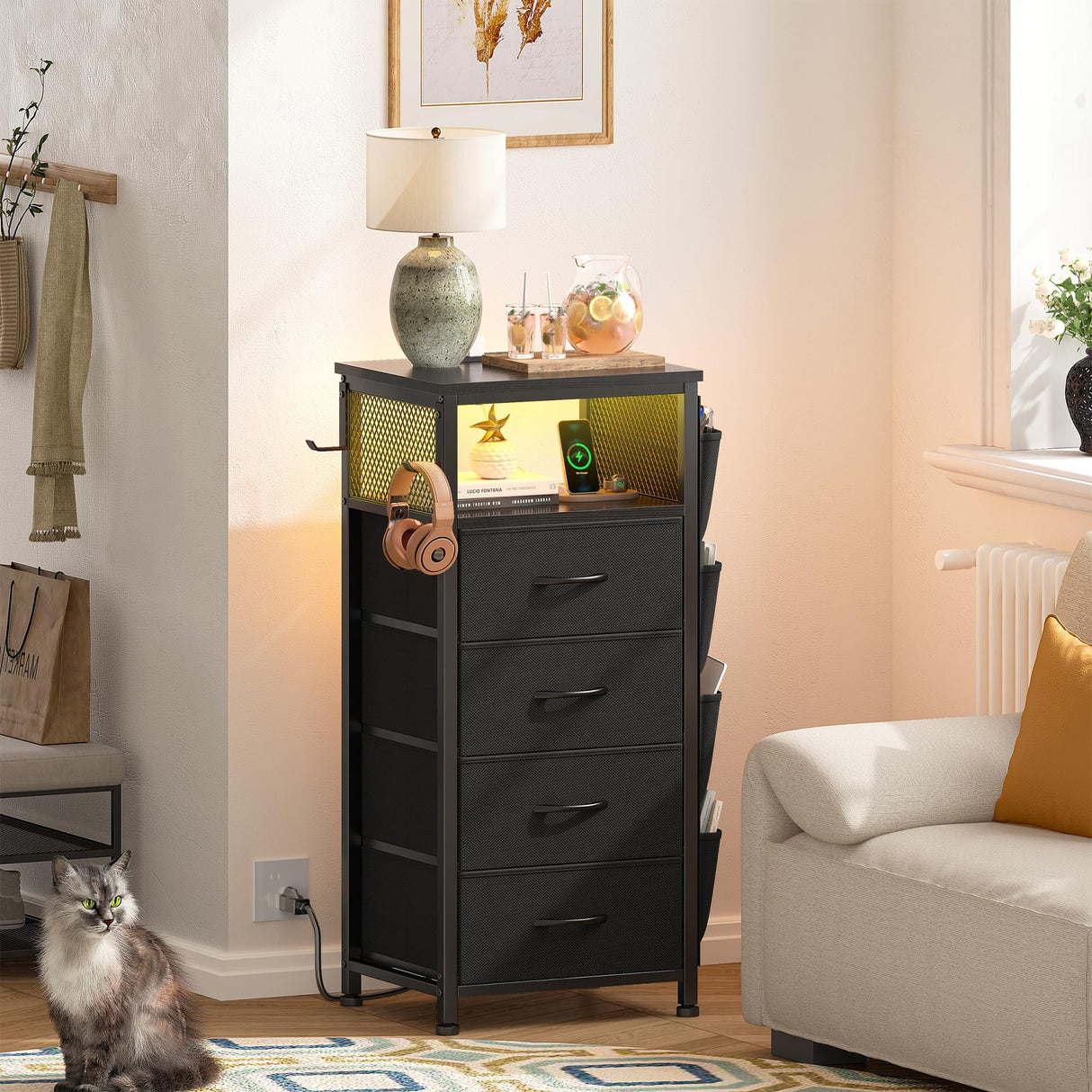 EnHomee Black Nightstand Set of 2,Night Stand with Charging Station & LED, Bedside Table with Fabric Drawers and Storage Shelf, Sturdy Steel Frame, Wood Top,Cloth Bags,Hooks EnHomee