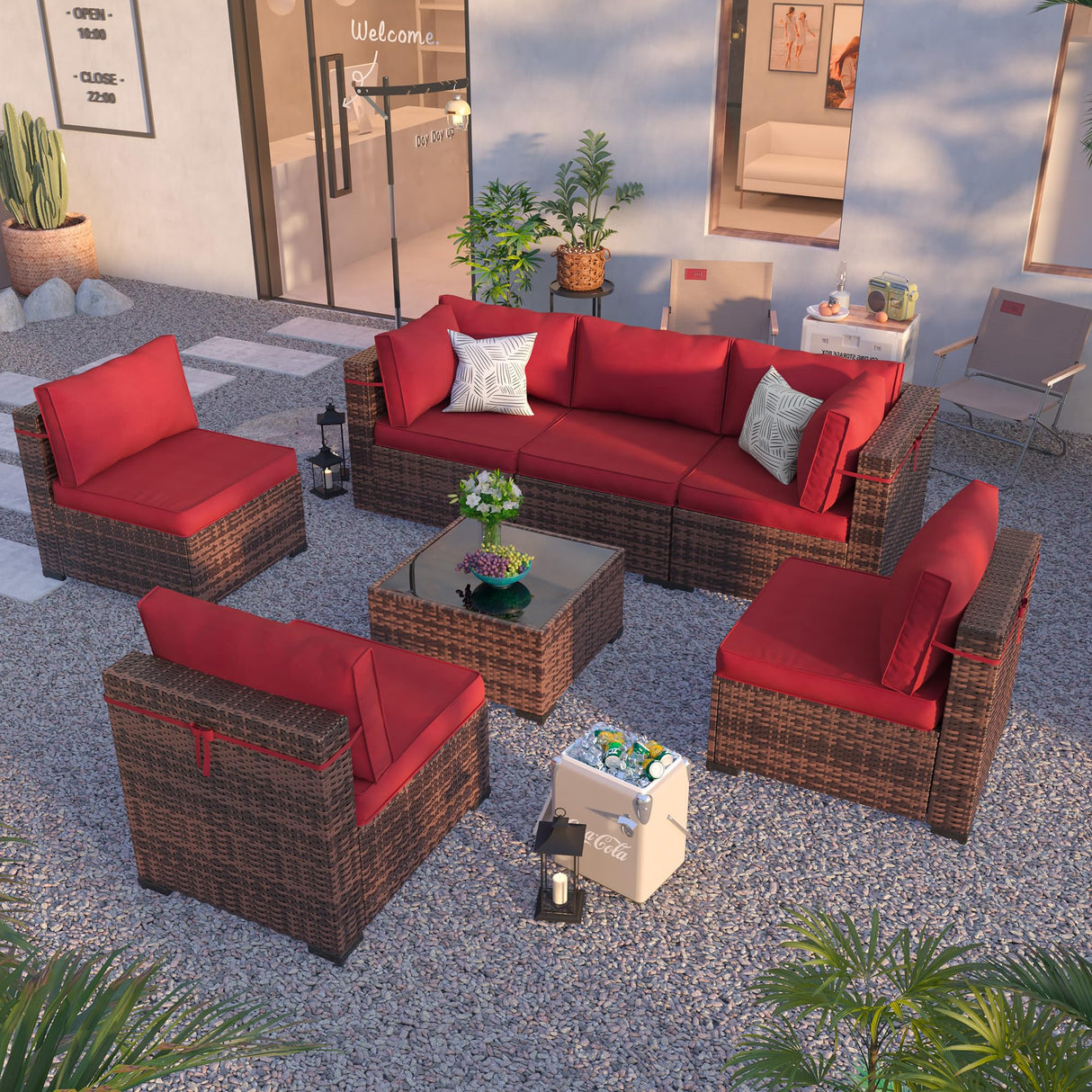 Amopatio 7 Pieces Patio Furniture Set, Outdoor Furniture Sectional Rattan Sofa Sets, Patio Couch with Glass Coffee Table for Backyard Garden (Burgundy) Amopatio